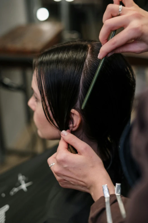 a woman getting her hair cut at a salon, translucent gills, subtle and detailed, jen atkin, plating