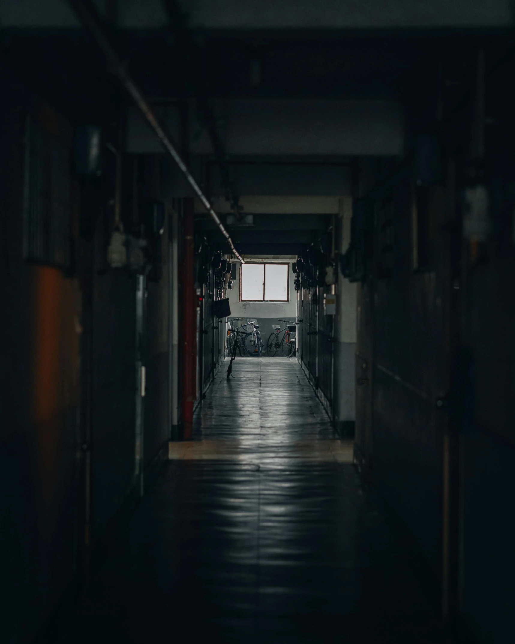 a dark hallway with a light at the end of it, unsplash contest winner, stood in a lab, buildings covered in black tar, inside elementary school, instagram photo