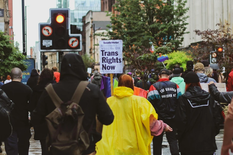 a group of people walking down a street next to a traffic light, by Arabella Rankin, trending on unsplash, pride parade, protesters holding placards, wet streets, worksafe. instagram photo