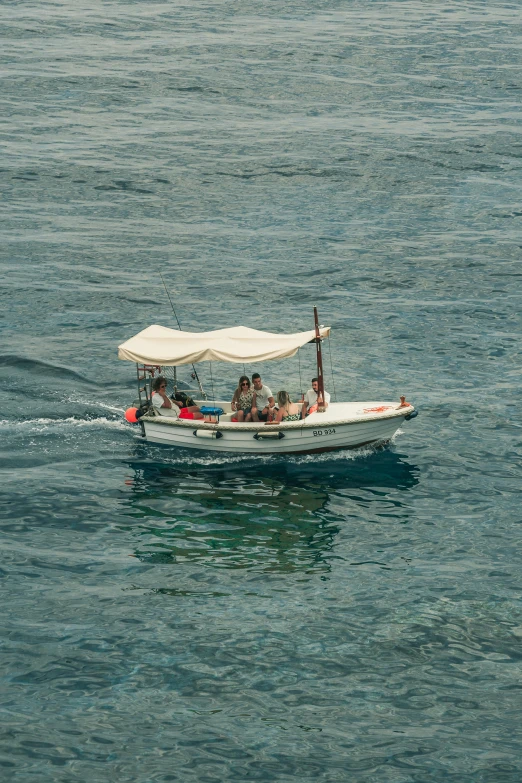 a group of people on a small boat in the ocean, a picture, by Elsa Bleda, renaissance, cinq terre, high quality image