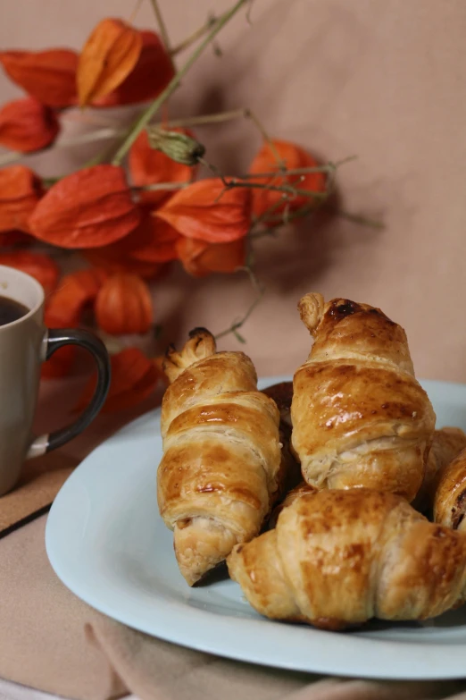 a white plate topped with croissants next to a cup of coffee, in autumn, profile image, thumbnail, singapore