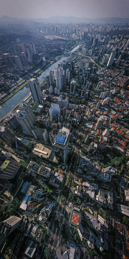 an aerial view of a city with a river running through it, by Adam Marczyński, pexels contest winner, singapore, são paulo, low level view, hyperdetailed
