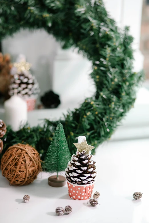 a christmas wreath sitting on top of a window sill, by Julia Pishtar, on a mini world, pinecone, on white, medium close up