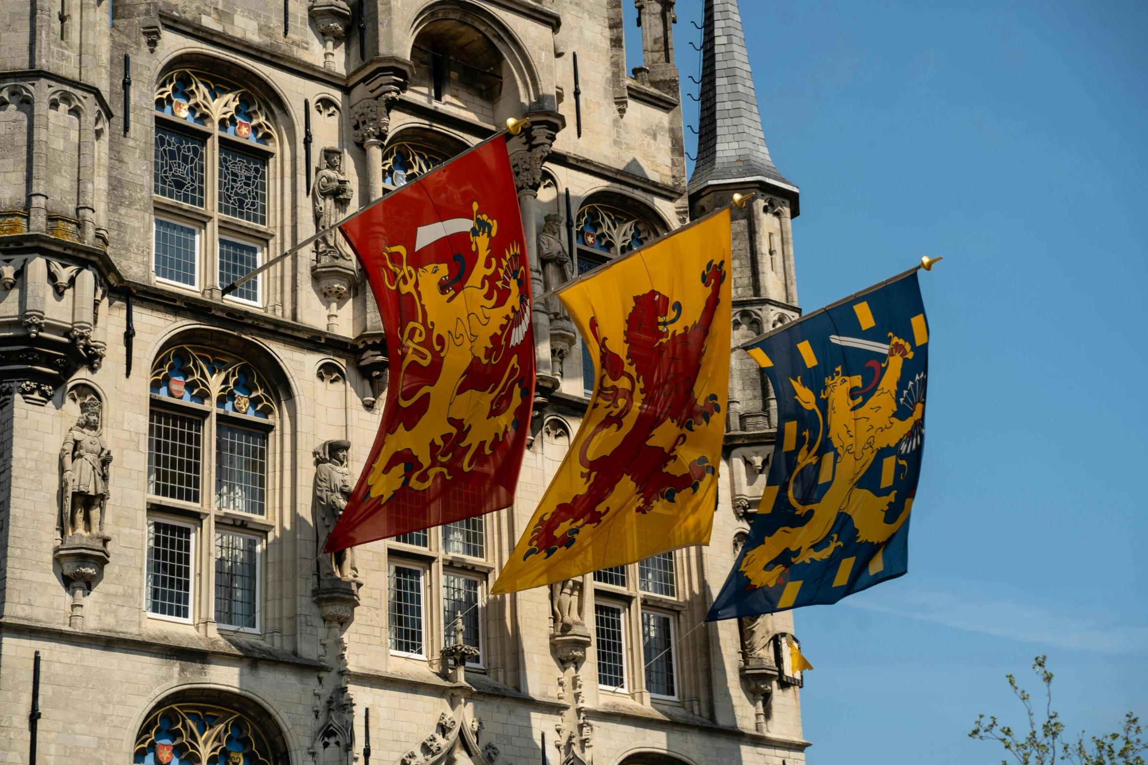 a couple of flags hanging from the side of a building, inspired by Simon de Vlieger, pexels, renaissance, square, lions, helmond, coloured