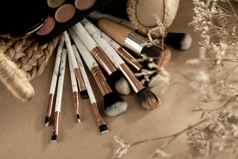 a bunch of makeup brushes sitting on top of a table, by Julia Pishtar, trending on pexels, baroque, made of marble, earthy, photorealistic image, lacey accessories