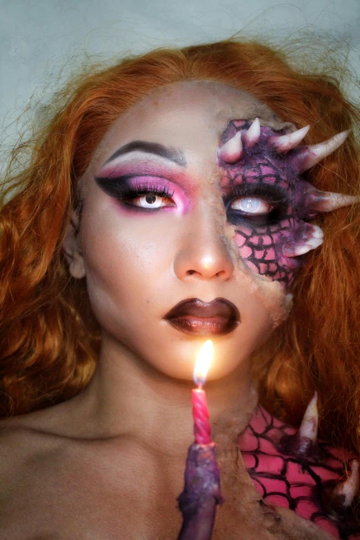 a woman holding a lit candle in front of her face, an album cover, inspired by Aya Goda, tumblr, monster high makeup, demonic dragon inspired armor, cake, singularity sculpted �ー etsy