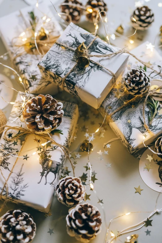 a bunch of presents sitting on top of a table, a portrait, trending on pexels, white warm illumination, filigree ornaments, firefly lights, botanicals