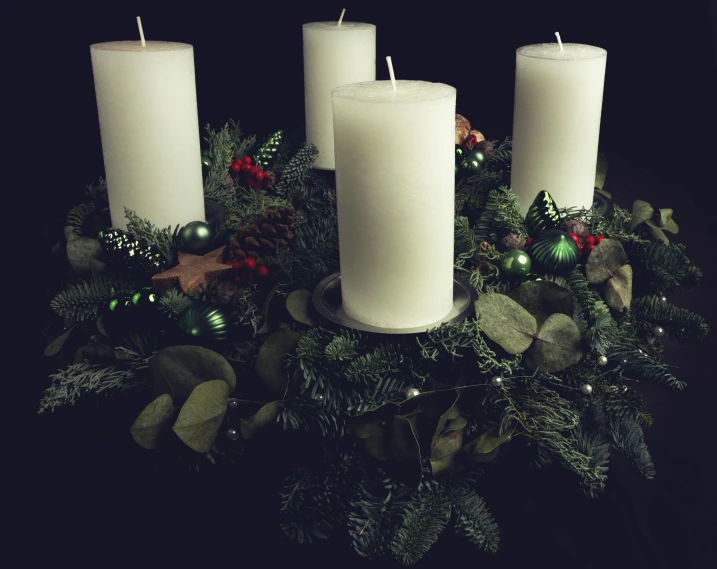 a group of three white candles sitting on top of a wreath, pexels, baroque, black background hyperrealism, four, with a long white, pastel'