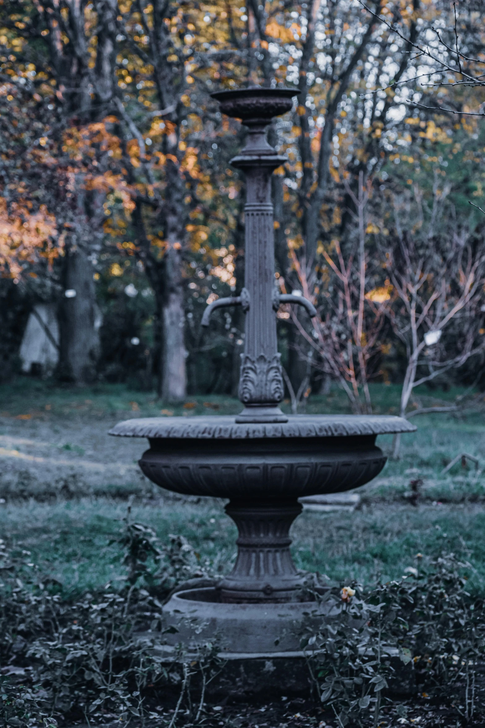 a black and white photo of a fountain in a park, inspired by Elsa Bleda, unsplash, romanticism, at sunset in autumn, abandoned graveyard, desaturated color, dark. no text