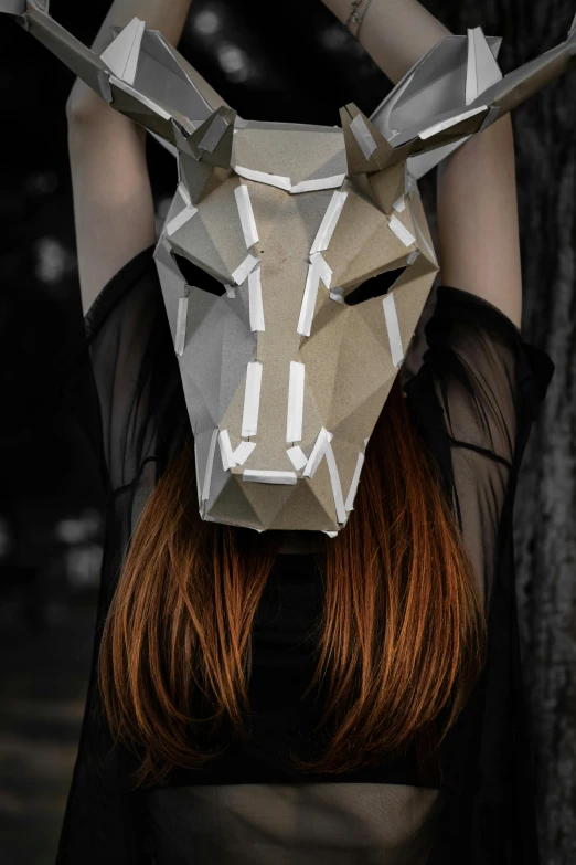 a woman with a paper mask on her head, by Adam Marczyński, polyhedral, equine, wearing bone armor, close up portrait photo