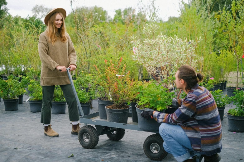 a woman pushing a wagon filled with potted plants, by Julia Pishtar, shutterstock, customers, with soft bushes, botanic, very wide shot