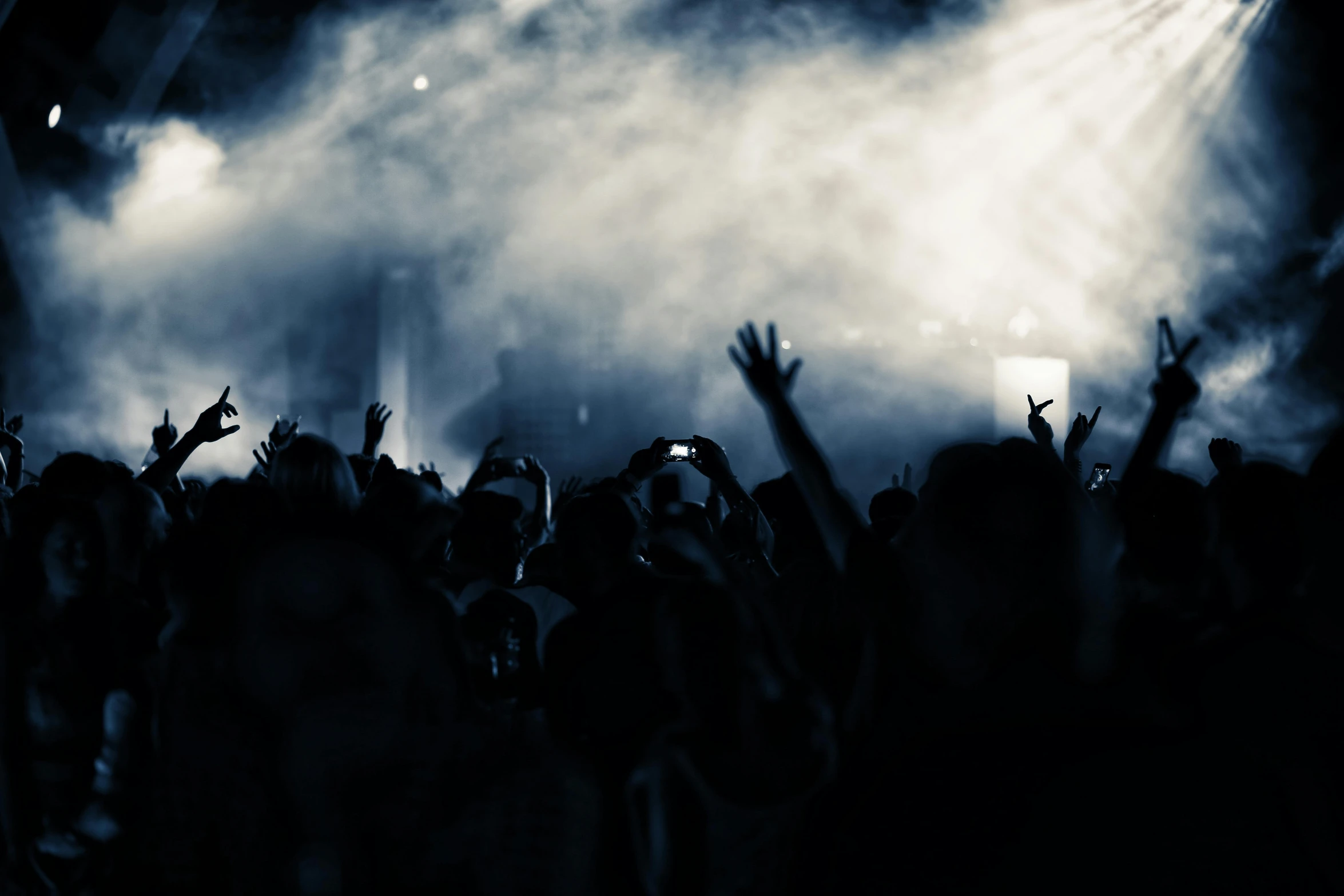 a crowd of people at a concert with their hands in the air, a black and white photo, pexels contest winner, happening, blue atmosphere, background image, spooky photo, thumbnail