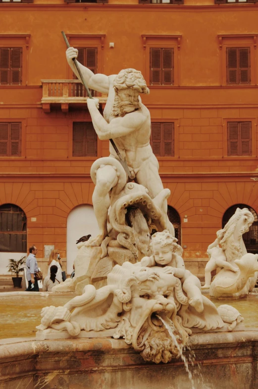 a fountain with statues in front of a building, a statue, by Gian Lorenzo Bernini, fishing, ginger, staring, intricate image