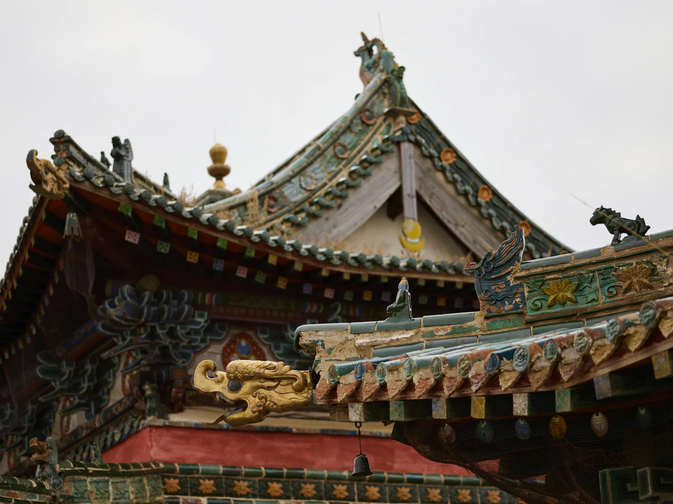 a statue of a dragon on top of a building, a picture, inspired by Hu Zao, trending on unsplash, cloisonnism, simple gable roofs, high details photo, square, an altar of a temple