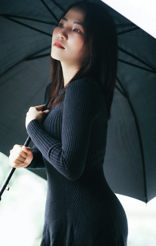 a woman in a black dress holding an umbrella, inspired by Cheng Jiasui, unsplash contest winner, wearing casual sweater, smooth curvatures, 奈良美智, gif