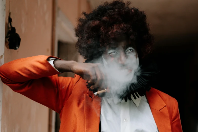 a man in an orange jacket smoking a cigarette, pexels contest winner, afrofuturism, black man with afro hair, harry potter smoking weed, smoke coming out of her mouth, wearing a plug suit