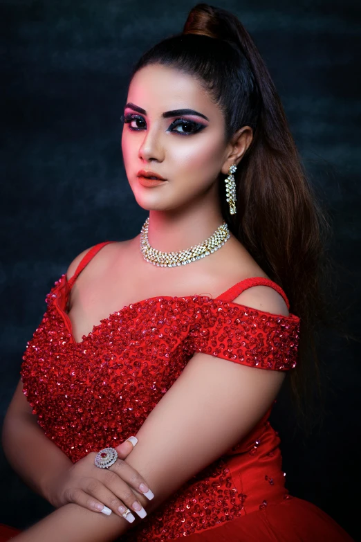 a woman in a red dress posing for a picture, inspired by Saurabh Jethani, thick fancy makeup, with professional lighting, promo image, nigth