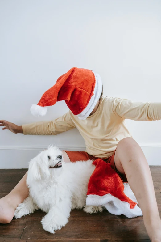 a little girl sitting on the floor with a dog, trending on reddit, wearing a santa hat, he is a long boi ”, profile image, gif