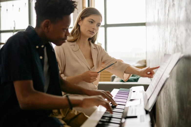 a man and a woman are playing the piano, trending on pexels, academic art, in a classroom, lachlan bailey, teaching, thumbnail