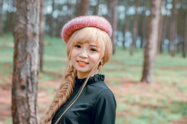 a woman with long hair wearing a pink hat, inspired by Kim Jeong-hui, trending on pexels, tachisme, blonde braided hair, wearing a beret, park ji-min, vietnamese woman