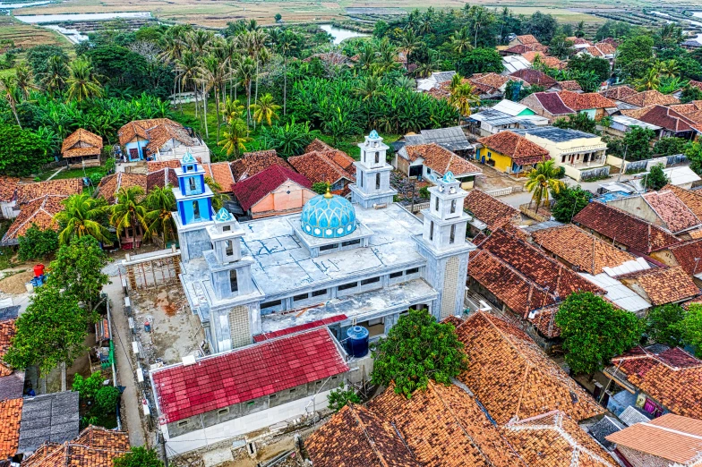 a bird's eye view of a small town, shutterstock, hurufiyya, hindu temple in background, square, indonesia, background image