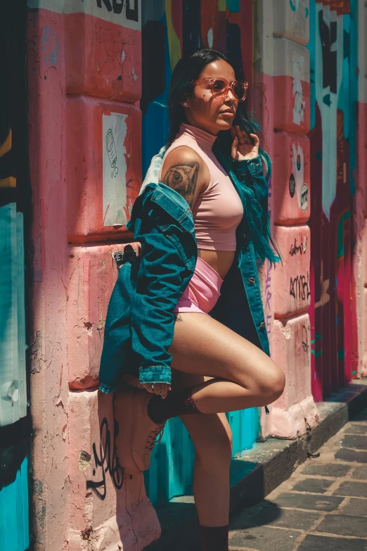 a woman leaning against a wall while talking on a cell phone, a photo, inspired by Elsa Bleda, trending on pexels, graffiti, pink body harness, sexy girl wearing shorts, blue jacket, location ( favela _ wall )