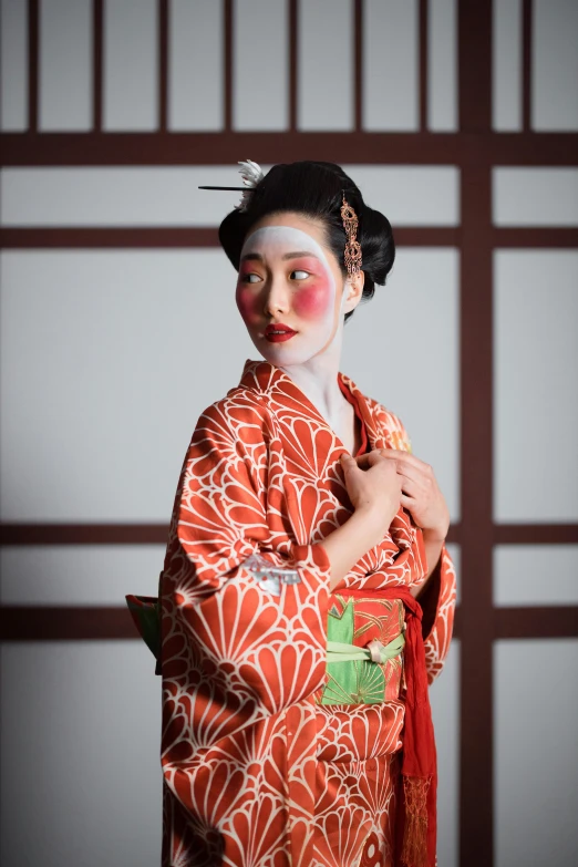 a woman in a kimono is posing for a picture, a portrait, inspired by Tosa Mitsunobu, promotional image, bodypaint, square, 奈良美智