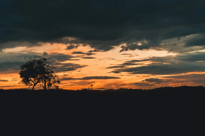 a lone tree is silhouetted against a cloudy sky, pexels contest winner, orange lit sky, dimly - lit, instagram post, landscape 4k