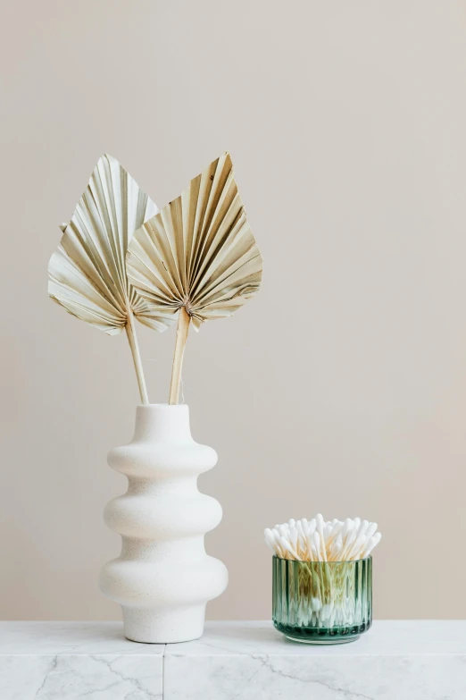 a couple of vases sitting on top of a table, fronds, cream paper, collection product, spears