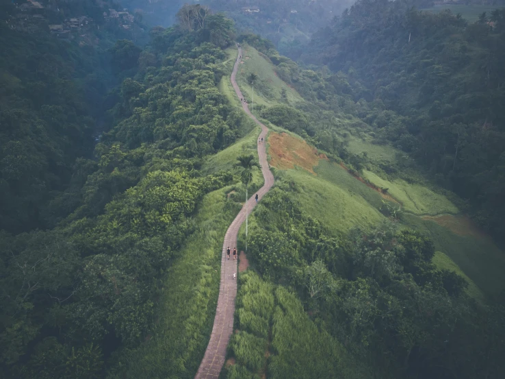 an aerial view of a winding road in the mountains, pexels contest winner, sumatraism, walking through a lush jungle, people walking in the distance, be running up that hill, thumbnail