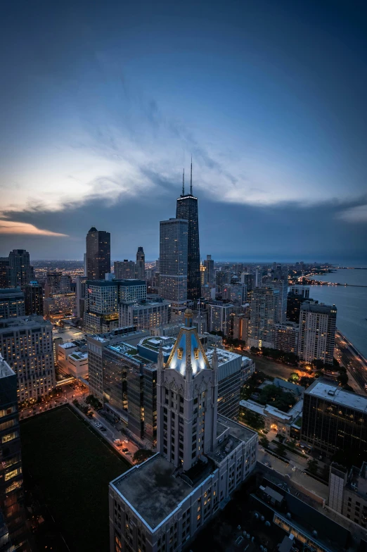 a view of a city from the top of a building, by Greg Rutkowski, unsplash contest winner, renaissance, chicago skyline, late summer evening, high quality photo, wide high angle view