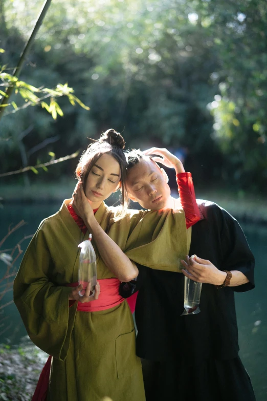 a couple of women standing next to each other, inspired by Gu An, unsplash, renaissance, sake, on location, serge lutens, guangjian