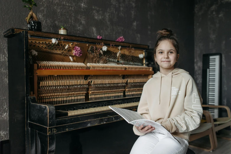 a young girl sitting in front of a piano, pexels contest winner, danube school, 15081959 21121991 01012000 4k, portrait full body, lachlan bailey, standing in class