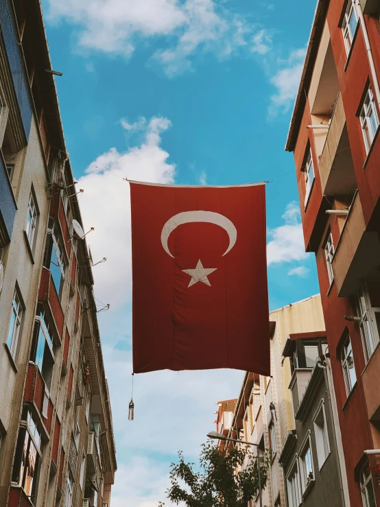 a turkish flag hanging from the side of a building, inspired by Niyazi Selimoglu, pexels contest winner, hurufiyya, 2 5 6 x 2 5 6, instagram story, porcelain skin ”, 🚿🗝📝