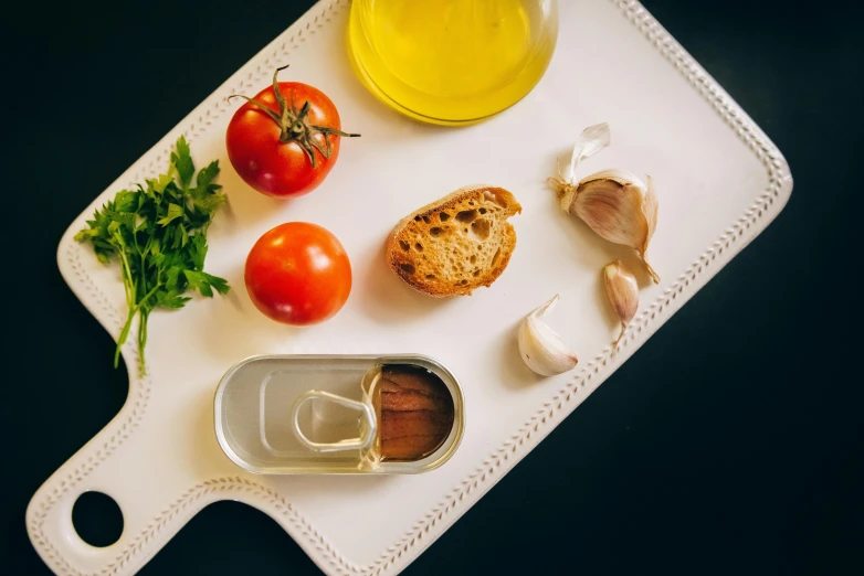 tomatoes, bread, garlic, and olive oil on a cutting board, by Tom Wänerstrand, pexels contest winner, sardine in a can, plating, white, ilustration