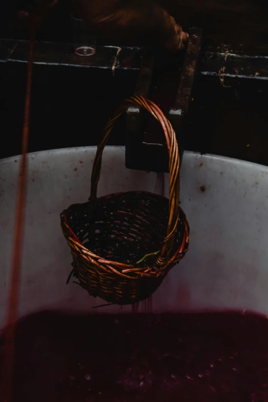 a cat sitting on top of a bucket filled with wine, unsplash, process art, dried blood, close up iwakura lain, completely dark, with an easter basket