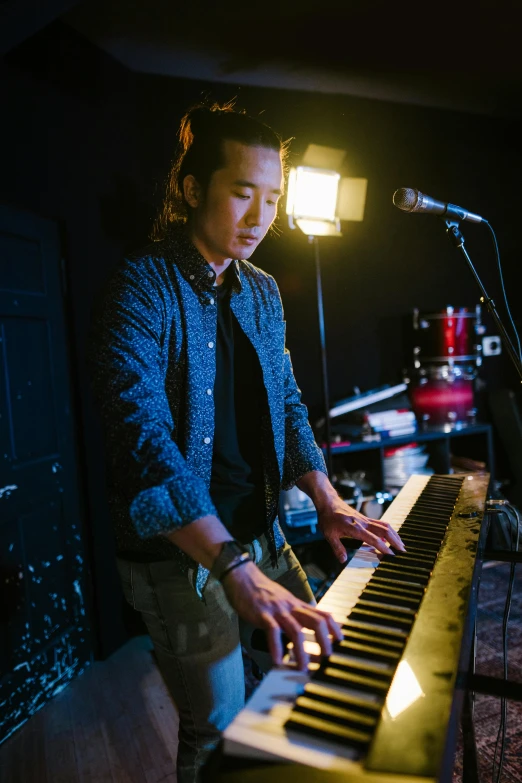 a man sitting at a keyboard in front of a microphone, handsome chad chin, performing, warm lights, profile image