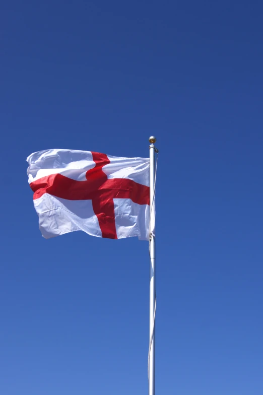 the flag of england is flying high in the sky, an album cover, by Lee Loughridge, flickr, 15081959 21121991 01012000 4k, cyprus, templar, clear blue skies