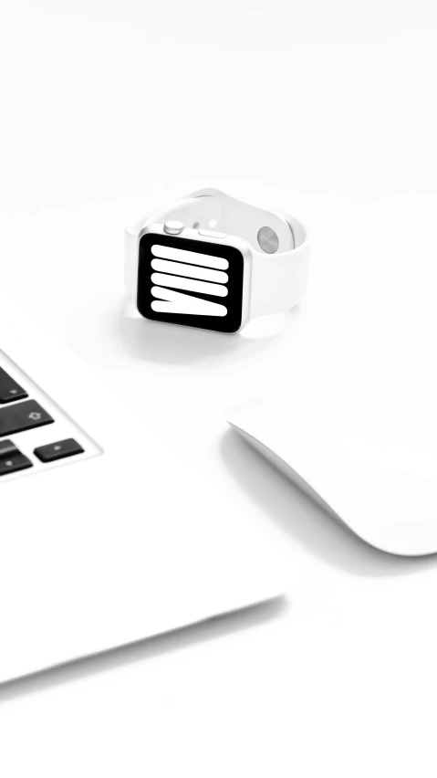 a laptop computer sitting on top of a white desk, app icon, tech wear, black + white, time displacement device