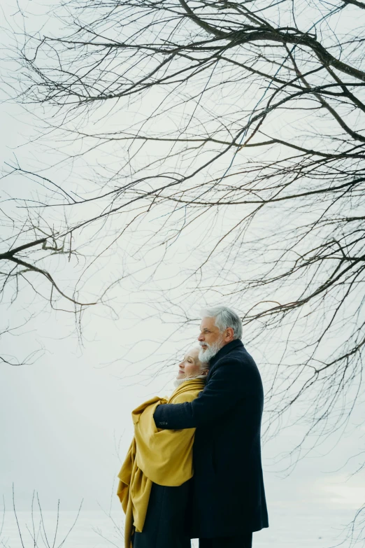 a man and a woman hugging under a tree, by irakli nadar, pexels contest winner, white hair and white beard, alec soth : : love, medium shot. by hayao miyazaki, winter