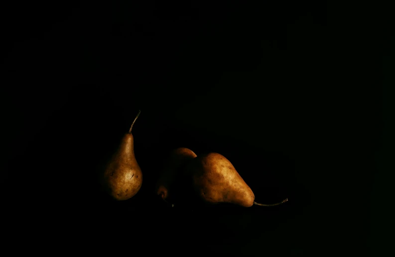 two pears against a black background, an album cover, by Emanuel de Witte, tonalism, studio medium format photograph, brown, ignant, 2010s