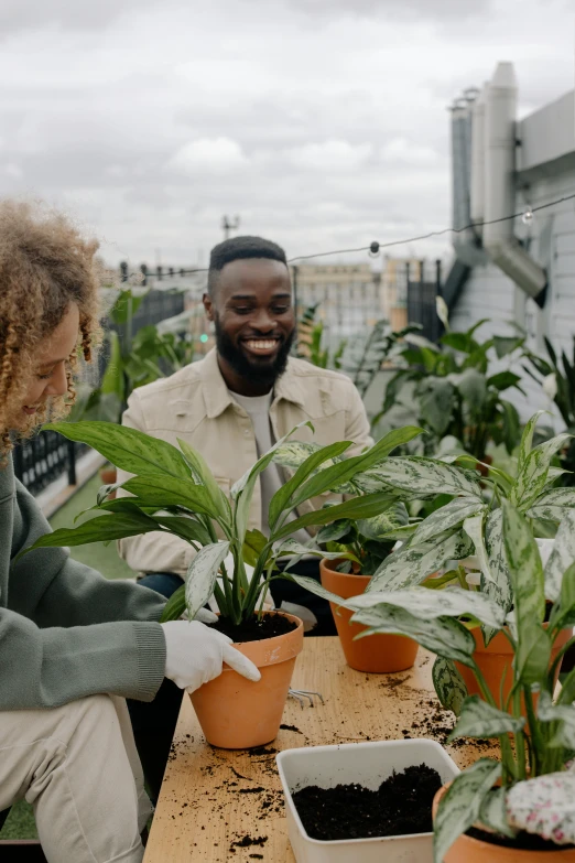 a couple of people sitting at a table with potted plants, black man, sustainability, thumbnail, unbeatable quality