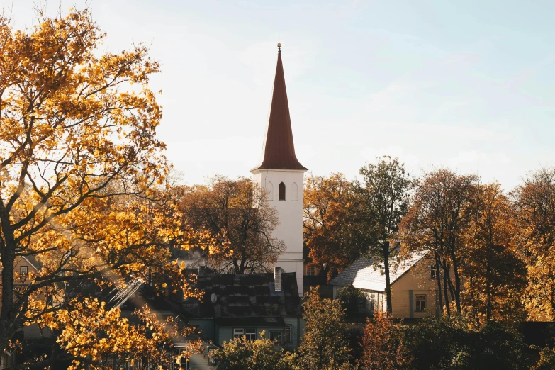 a church with a steeple surrounded by trees, by Jens Søndergaard, pexels contest winner, soft autumn sunlight, alvar aalto, quaint village, 2 0 0 0's photo