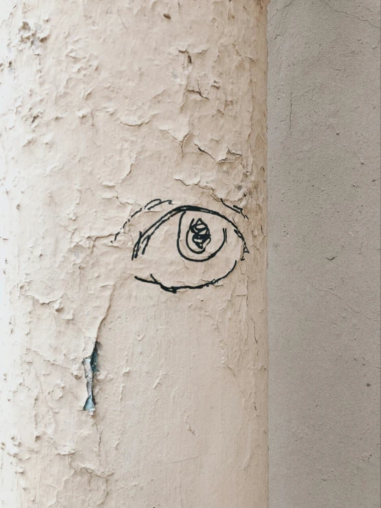 a close up of a pole with a face drawn on it, inspired by Roger Ballen, trending on pexels, street art, corporate logo of an eye, scratched vial, ilustration, outlined