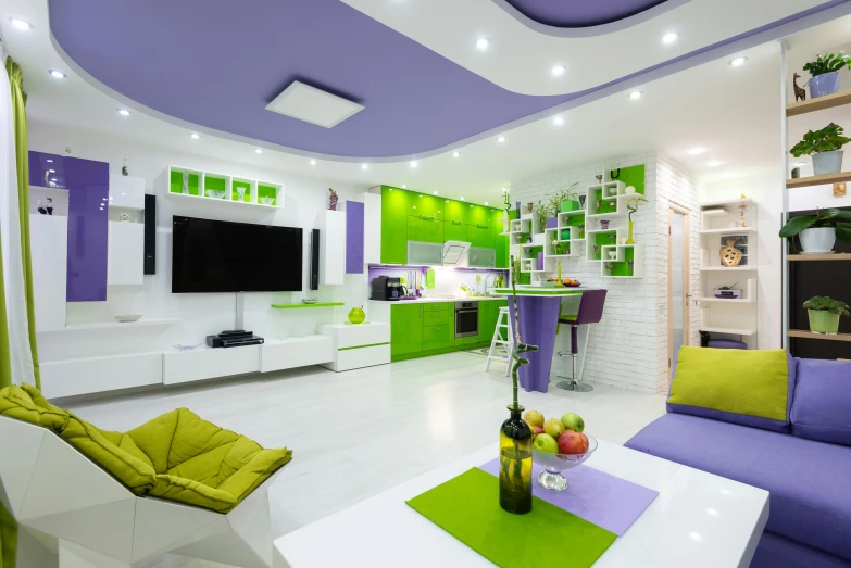 a living room filled with furniture and a flat screen tv, by Daarken, pexels, purple and green colors, lime, neo kyiv, white and purple