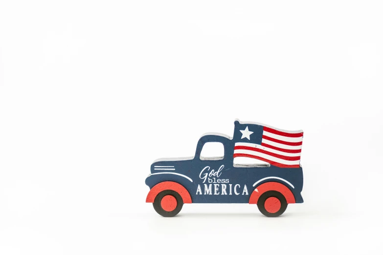 a toy truck with an american flag on it, folk art, 🚿🗝📝, high resolution product photo, 10k, front