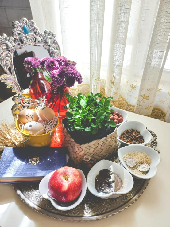 a tray of food sitting on top of a table, by Julia Pishtar, dau-al-set, plants and flowers, various items, panoramic shot, aesthetic ”