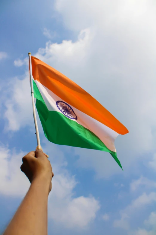 a person holding an indian flag in the air, profile image, square, screensaver, in 2 0 1 5