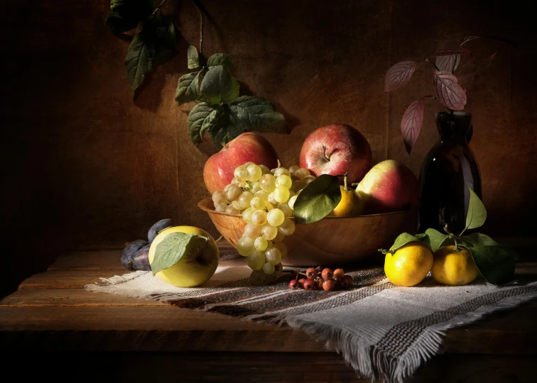 a bowl of fruit sitting on top of a wooden table, a still life, inspired by Bartholomeus van der Helst, shutterstock contest winner, v ray, fine art print, warmly lit, cornucopia