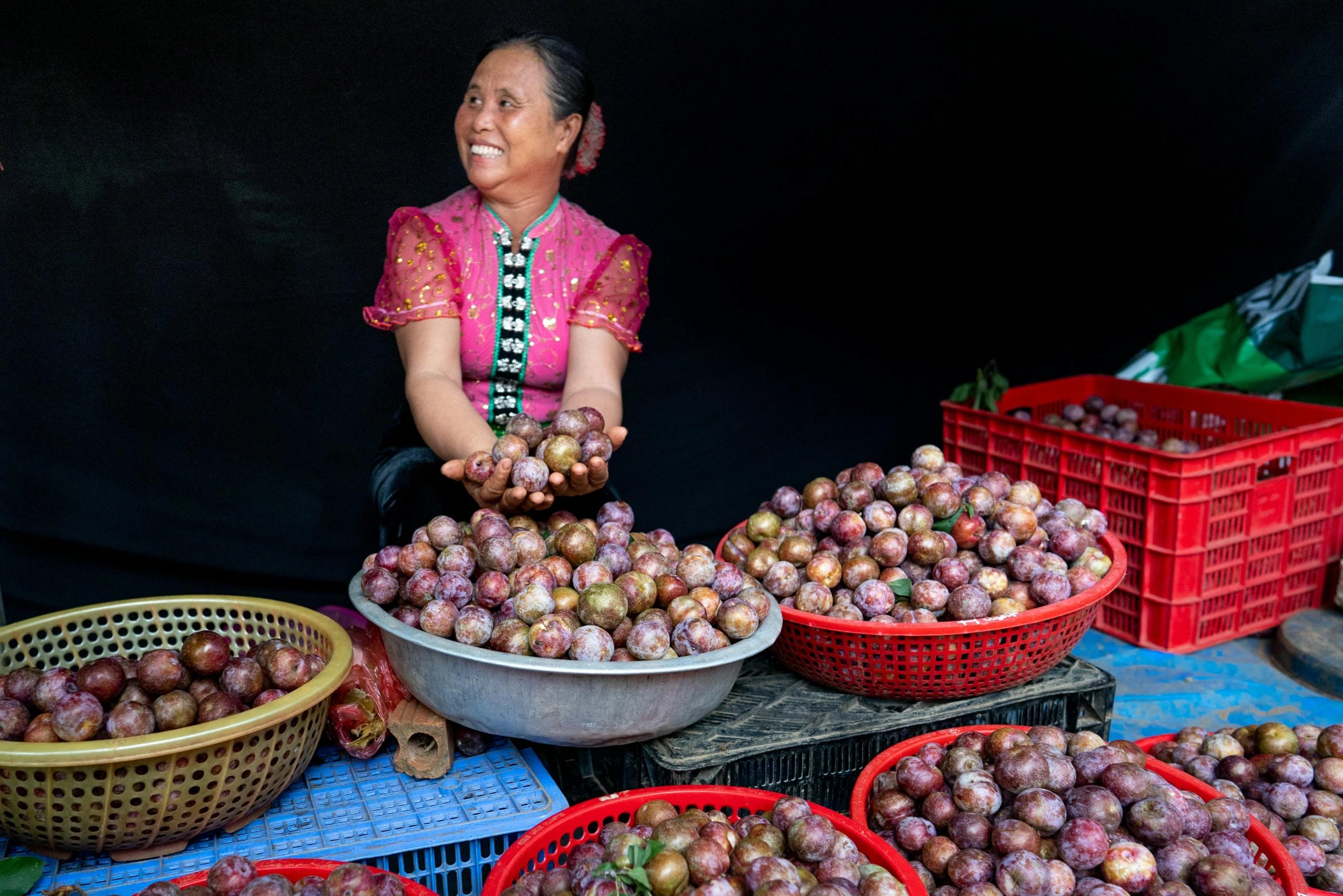 a woman sitting in front of a pile of fruit, by Sam Dillemans, pexels contest winner, mangosteen, square, purple, markets